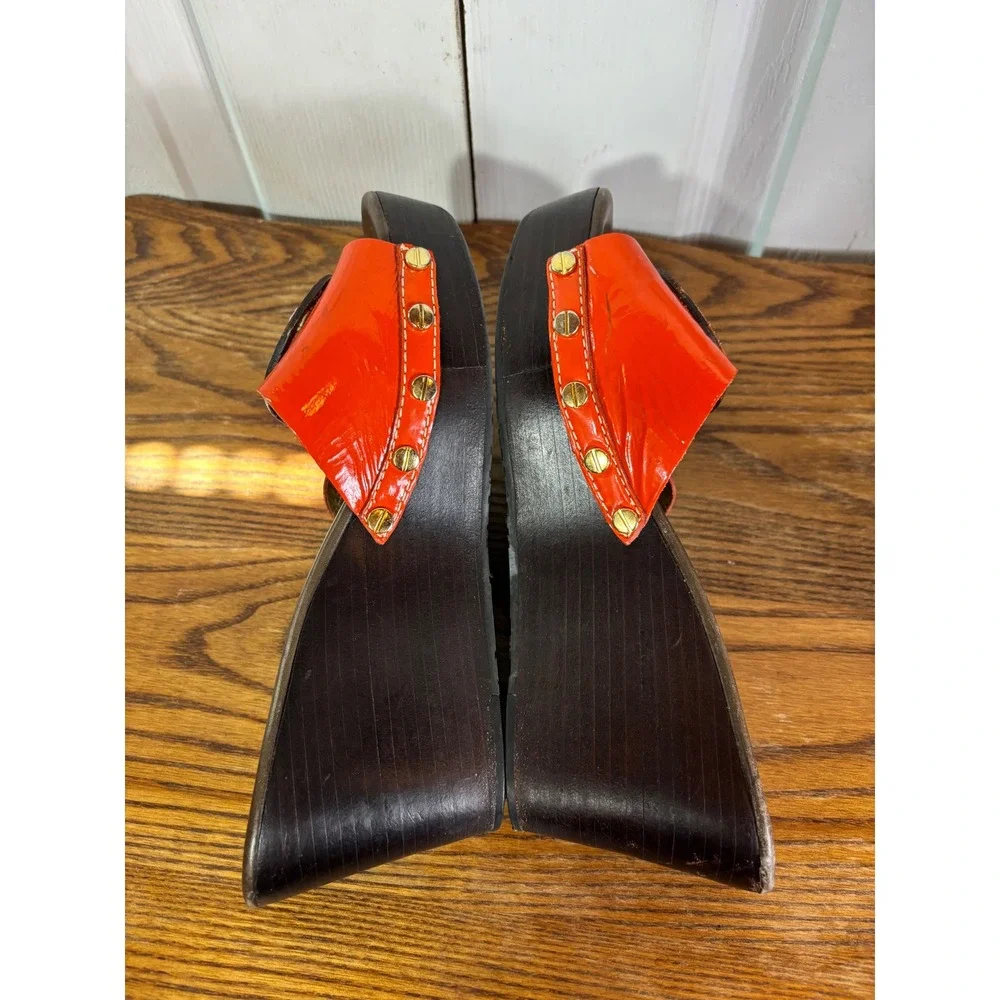 Tory Burch Women's Orange Patent Leather Logo Clog Platform Wedge Slides size‎ 6
